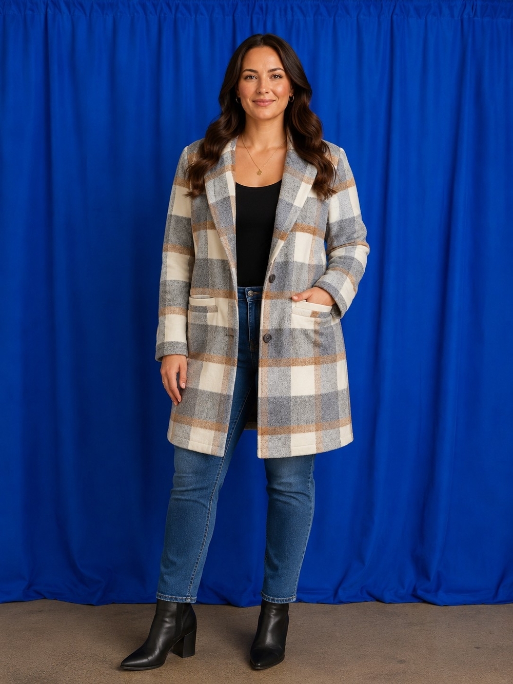 dip Checked Long Pea Coat in Cream, Gray & Brown Size XL